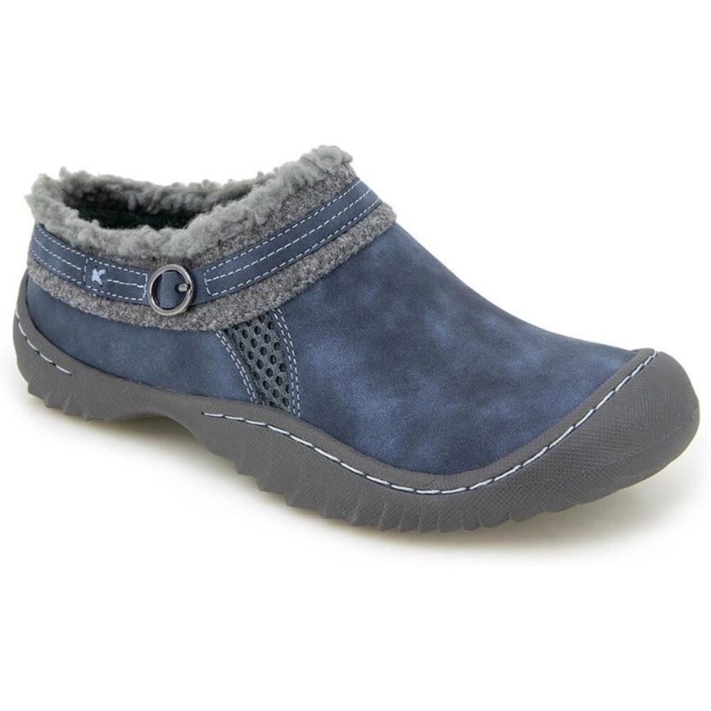 JBU Ginger Slide Womens Sz 7.5 Denim Blue Faux Fur Vegan Suede Cozy Mule NEW